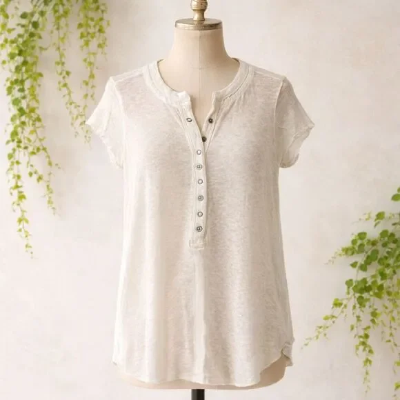 Free People What's Good Henley Top Size Medium Short Sleeve Tee Cotton Linen - Picture 3 of 11